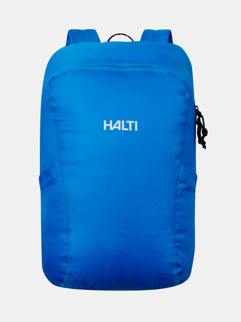 Halti Streetpack Reppu on kirkkaan sininen ultrakevyt kierrätetty nailon reppu, jossa on päävetoketju ja sivutaskut.