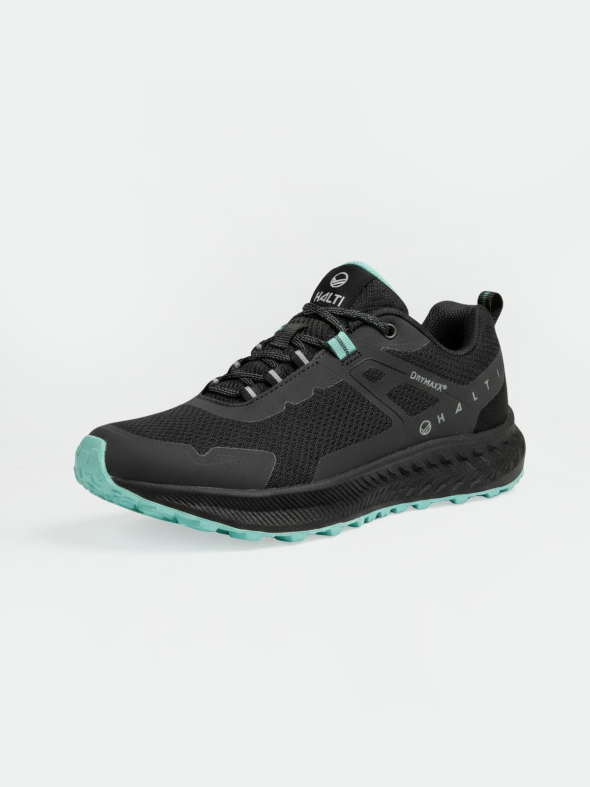Halti Pallas Low 2 DX Hybrid Lenkkari Naisten, musta, jossa teal aksentteja, mesh päällinen, Michelin-pohjainen pohja valkoisella.