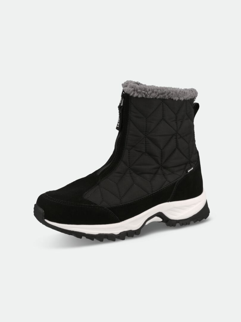 Halti Sletta Zip DX Talvikenkä Naisten: musta saapas, fleecevuori, sivuvetoketju, tikattu päällinen, paksu valko-musta pohja.