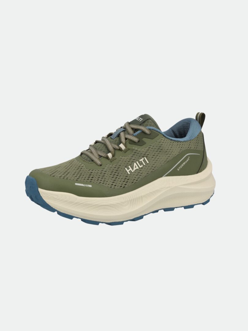 Halti Rapid 2 Lenkkari Miesten: vihreä-beige verkkokenkä, jossa on siniset korostukset, nauhat ja Halti-logo sivulla.