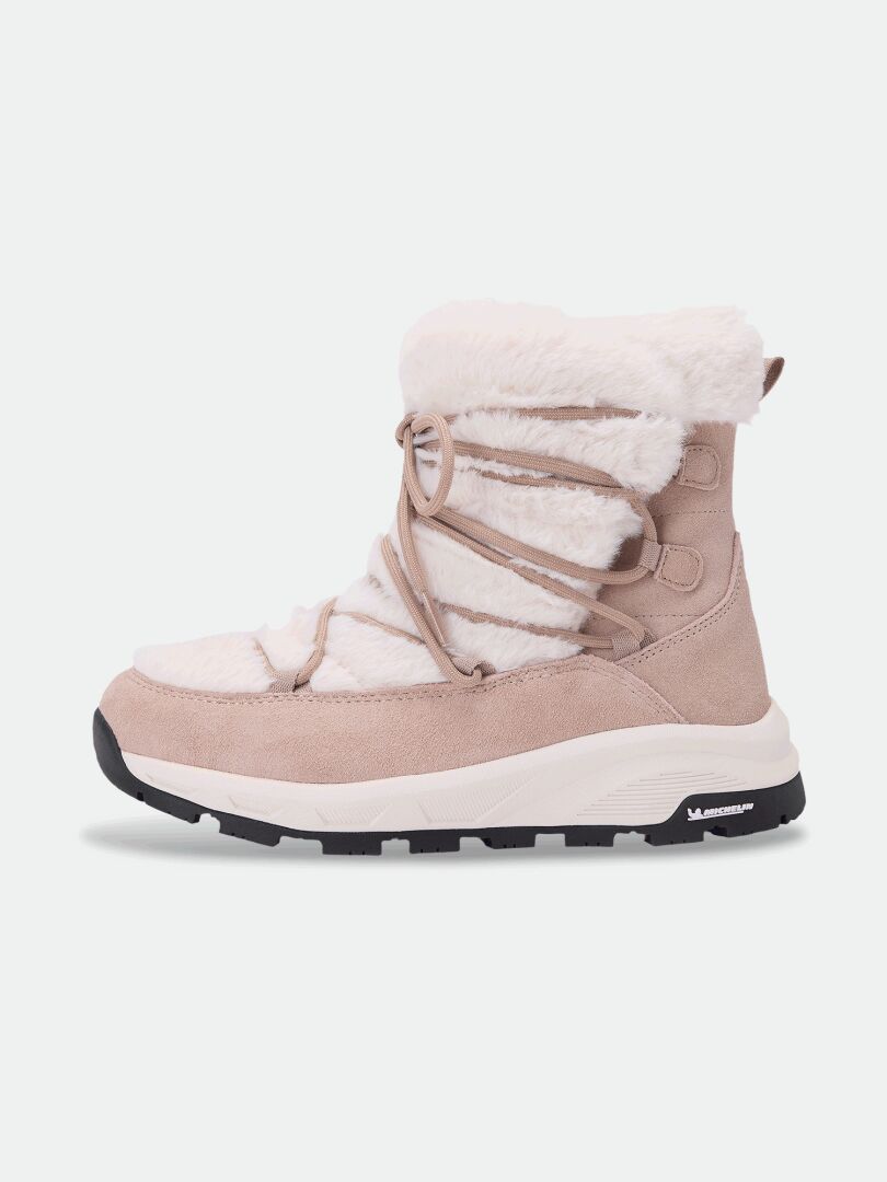 Beige Halti Mukluk DX IC -talvikenkä, jossa on tekoturkista, nauhakiristys edessä, Michelin-pohja ja Thinsulate-eristys.