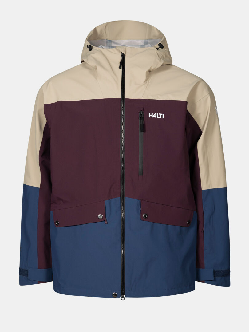 Miesten Halti Settler 3L DX -takissa on värisävyt beige, viininpunainen ja sininen, huppu ja vetoketjutaskut.