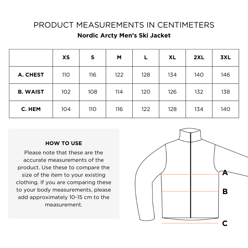 Halti Nordic Arcty Laskettelutakki Miesten koko-opas (XS–3XL) senttimetreinä.