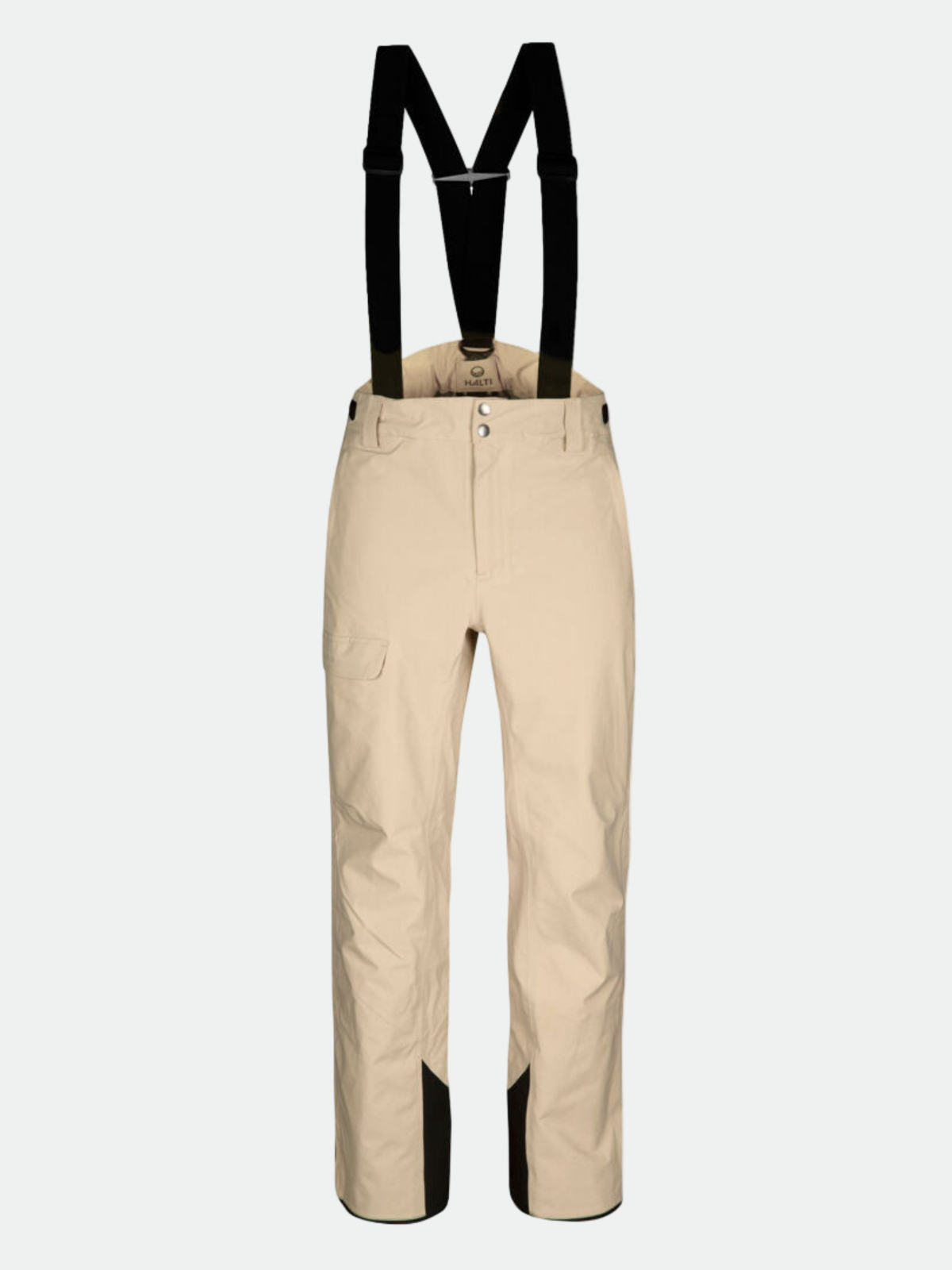 Halti Settler 3L DX miesten housut, beige, mustat housunkannattimet, etunappikiinnitys ja vahvistetut mustat hihansuut.