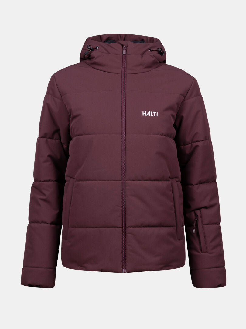 Ascale Puffer Laskettelutakki Naisten by Halti on ruskeankeltainen, hupullinen vedenpitävä takki, jossa on vetoketju ja logo edessä.