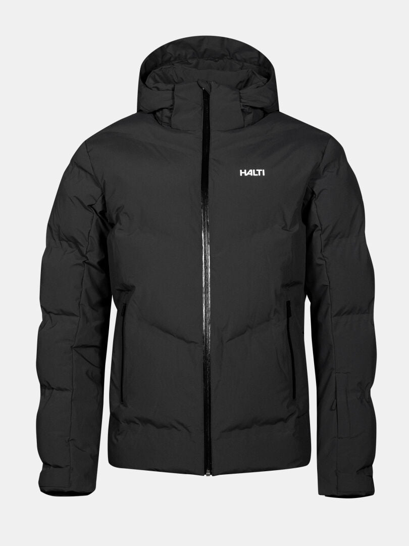 Halti Nordic Arcty II Laskettelutakki Miesten on musta, hupullinen miesten hiihtotakki, jossa on Halti-logo.