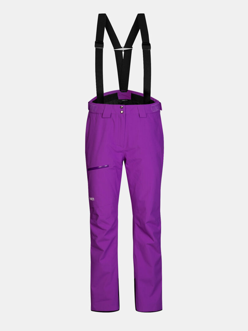 Purple Halti Carvey II DX -lasketteluhousut naisille, joissa on irrotettavat mustat olkaimet ja vetoketjullinen reidetasku.