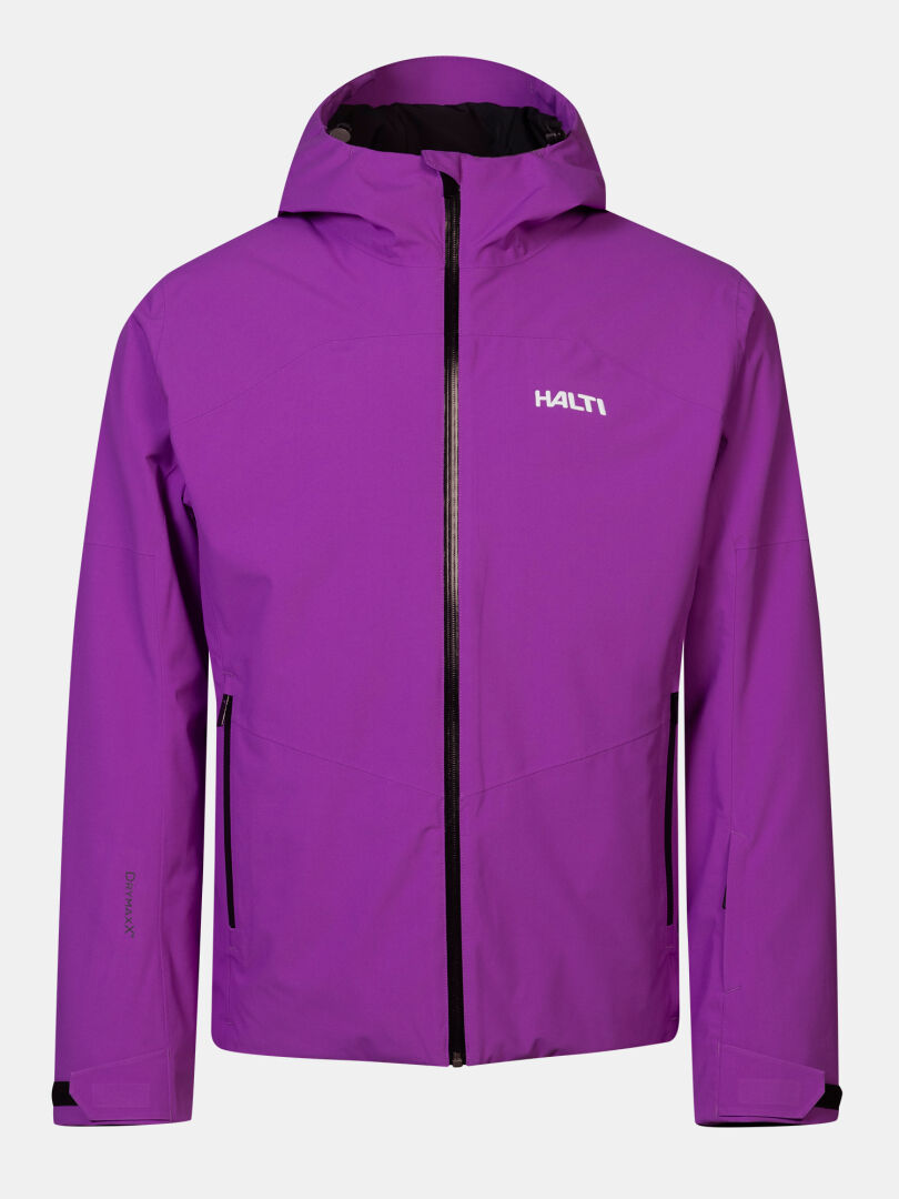 Purple Halti Melvik II DX Laskettelutakki – miesten hiihtotakki, jossa on huppu, musta vetoketju edessä ja sivutaskut.