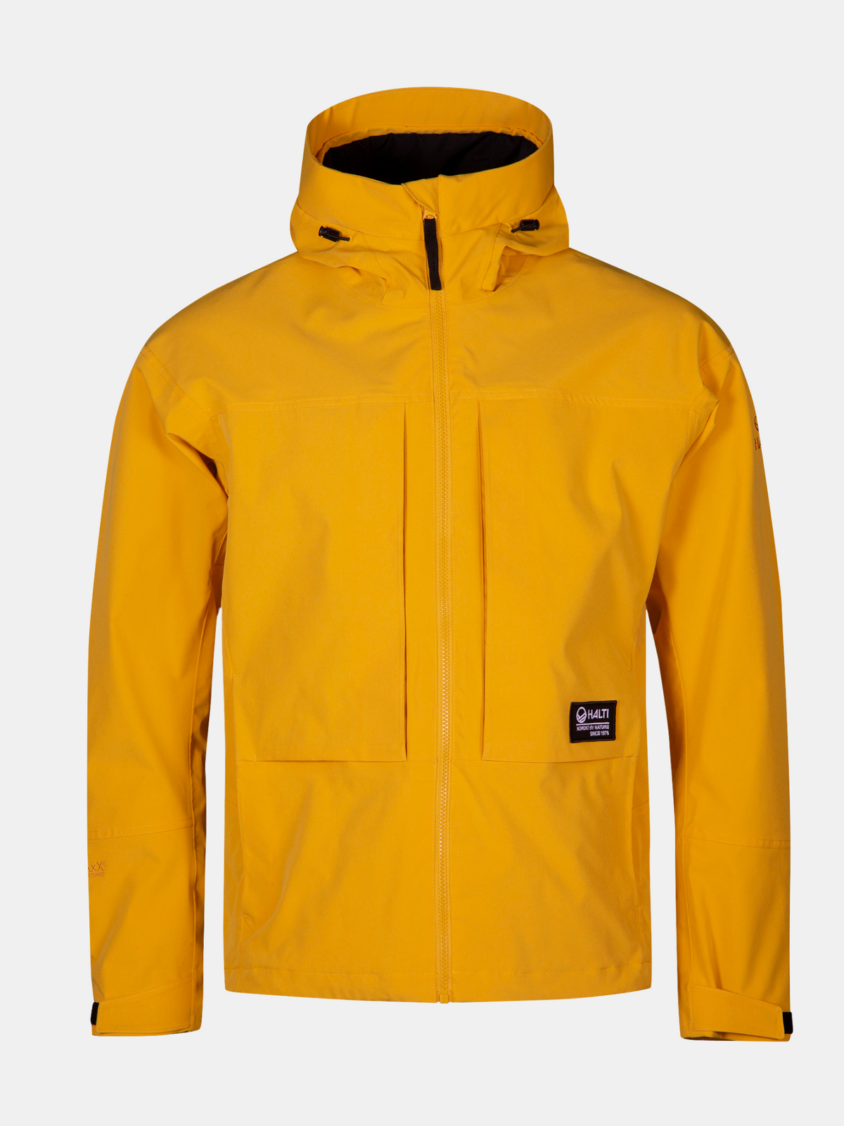 Halti Hiker II DrymaxX miesten kuoritakki, vedenpitävä ja keltainen, rintataskuilla sekä logomerkillä.