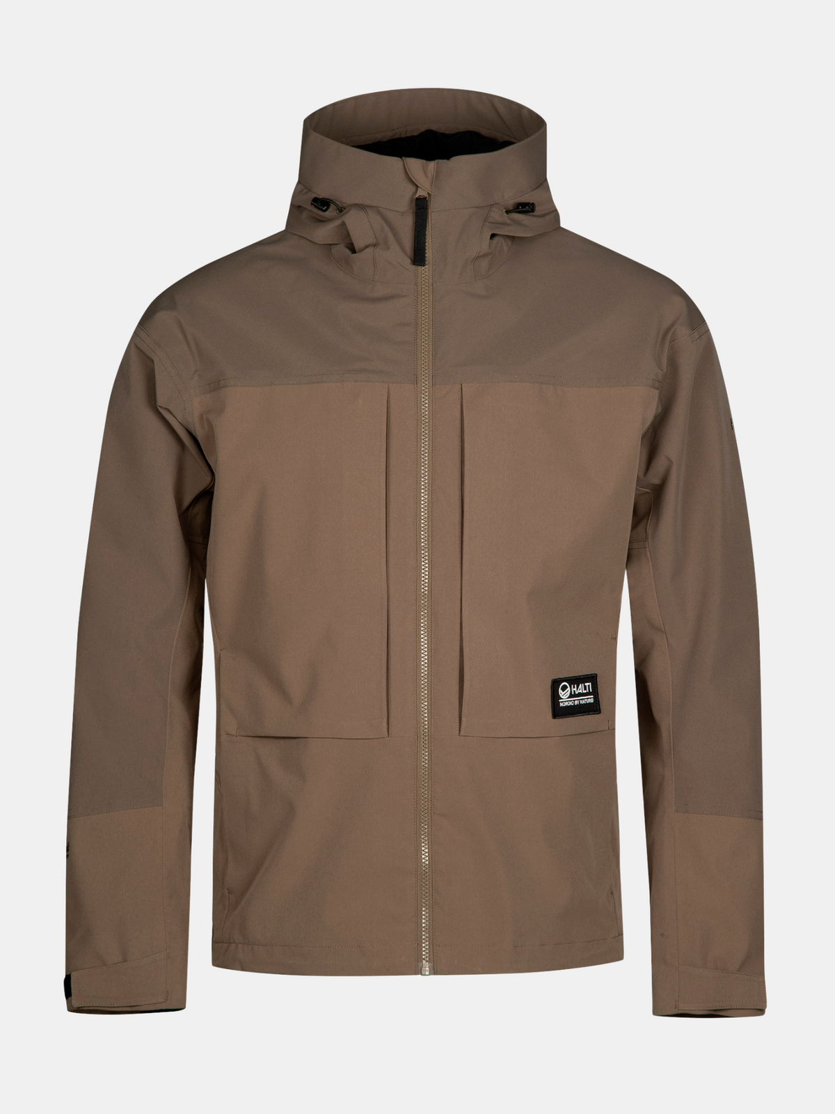 Halti Hiker II DrymaxX miesten kuoritakki, ruskea, vetoketju edessä, rintataskut ja musta logo alakulmassa.