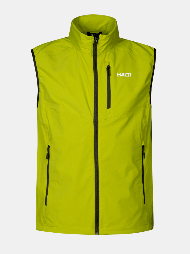 Halti Pallas Evo X-stretch miesten liivi: hihaton, kirkkaankeltainen, mustat vetoketjut, Halti-logo.