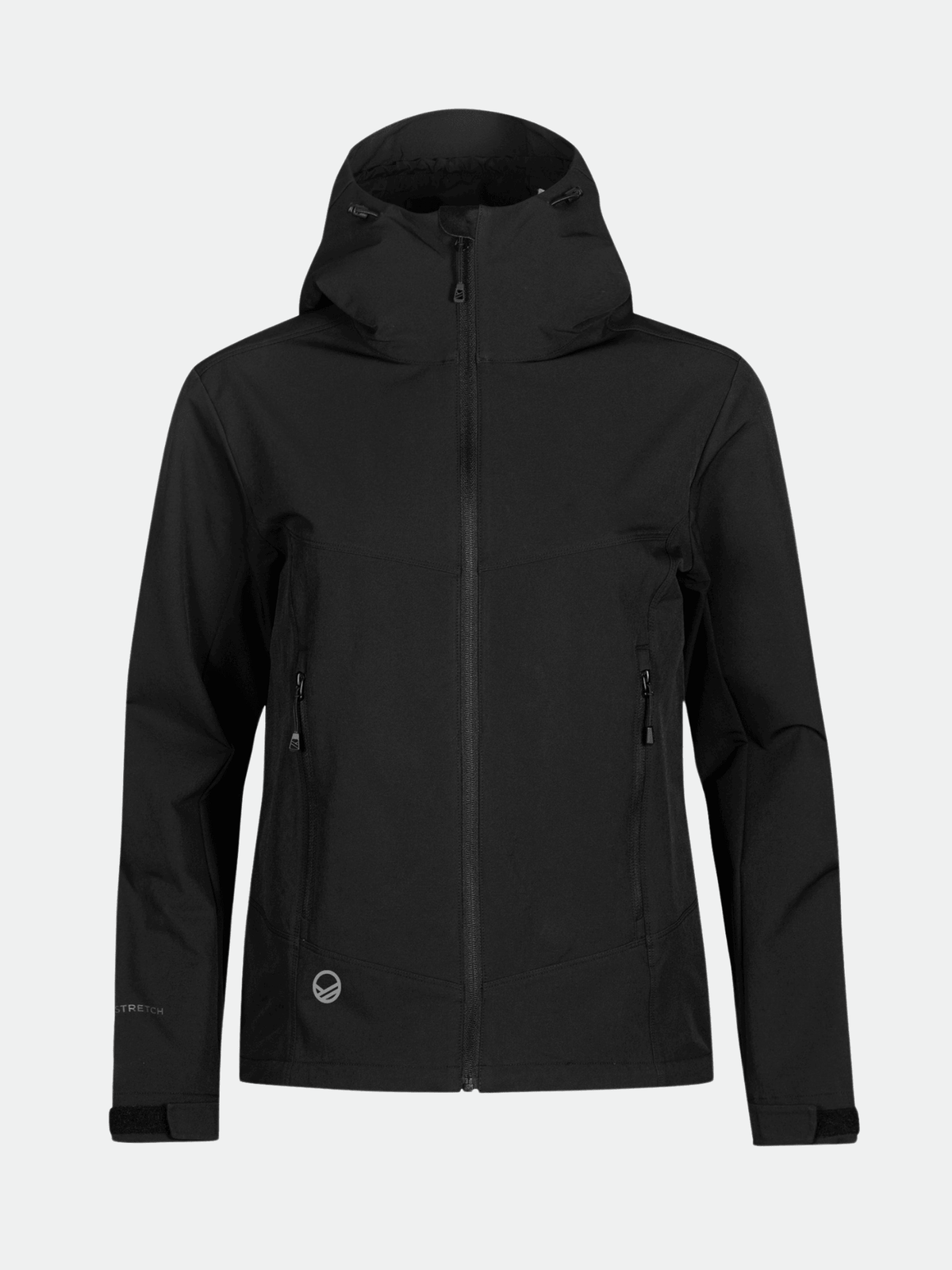 Halti Pallas Evo Brushed X-stretch Takki Naisten musta hupullinen takki, jossa on vetoketju edessä ja kaksi vetoketjullista taskua.