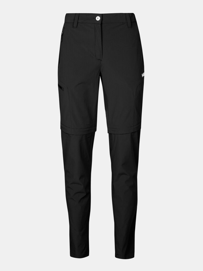 Halti Pallas Cool Stretch Zip-off Housut Naisten etunapilla ja sivutaskuilla, kuvassa vaalealla pohjalla.