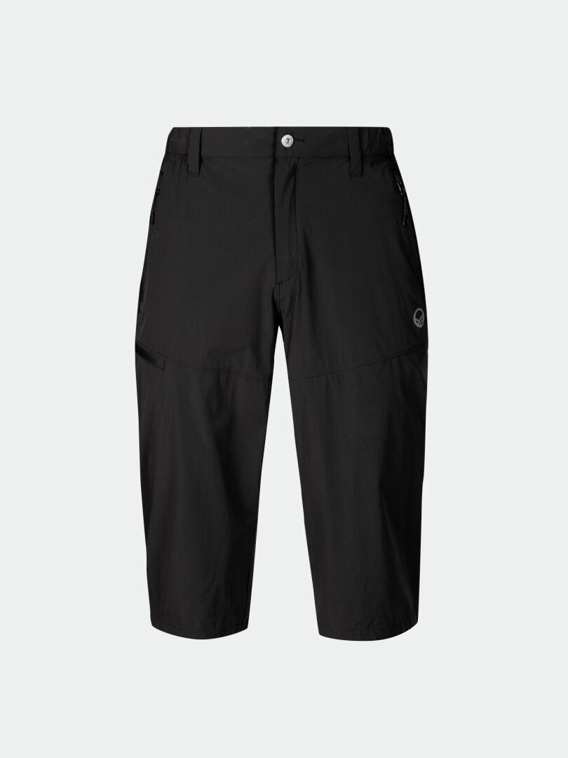Kuvassa Halti Pallas Cool X-stretch Miesten Caprit, jossa nappikiinnitys, vyölenkit, sivuvetoketjutaskut ja aurinkosuoja.