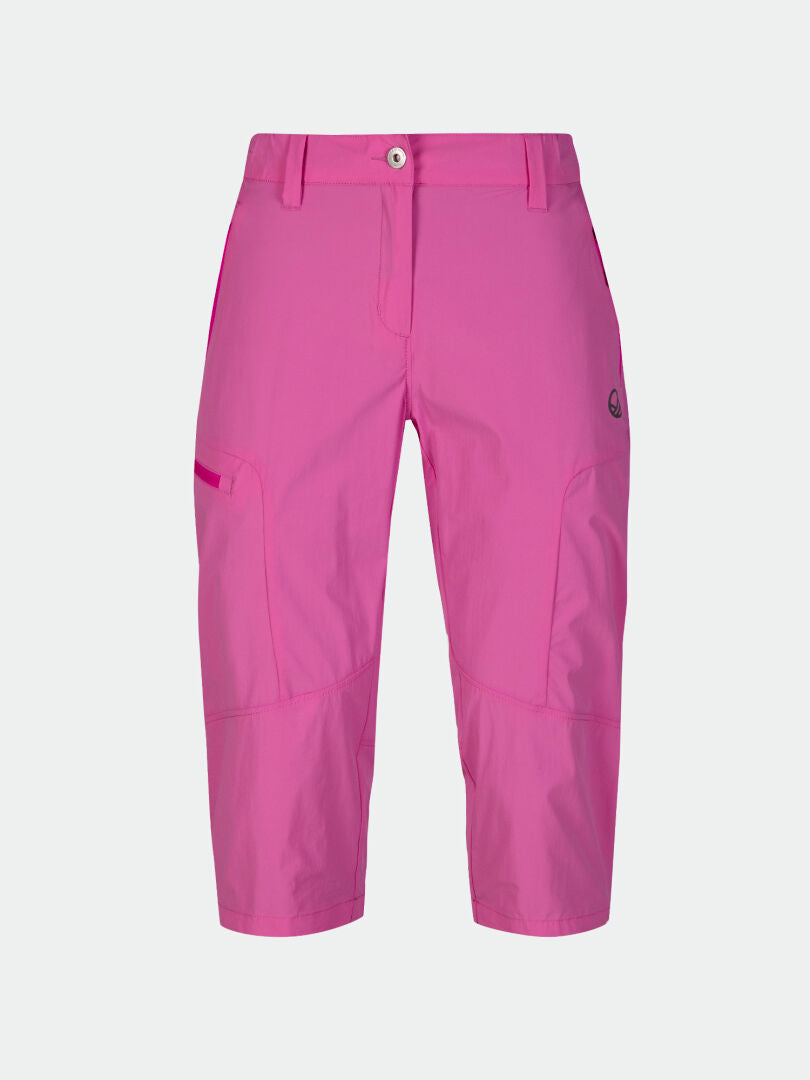 Halti Pallas Cool X-stretch Caprit Naisten Plus -takit kirkkaanpinkkinä, UPF 90+, nappikiinnitys, vyölenkit ja sivutasku.