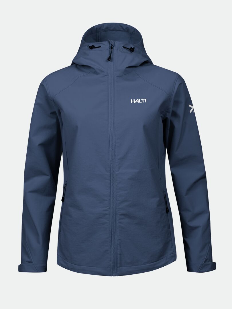 Halti Finholma X-stretch Takki Naisten sininen softshell-paita, jossa on vetoketjutaskut ja rintalogo, kuvassa yksivärisellä pohjalla.