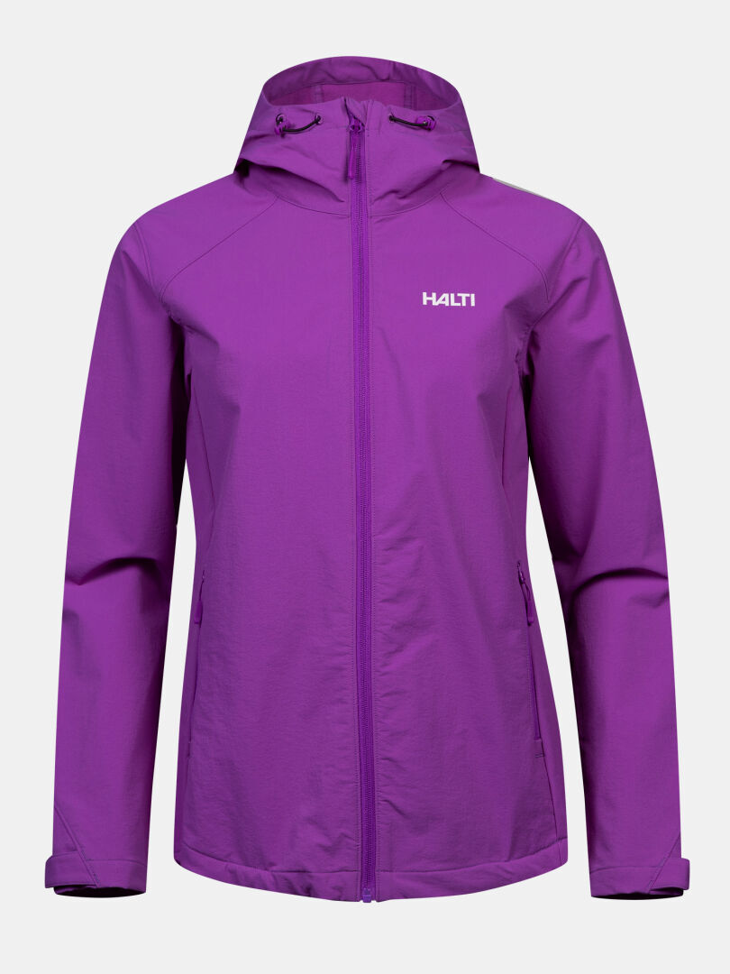 Halti Finholma X-stretch -naisten plus-takki, violetti, edessä vetoketju, sivutaskut ja säädettävät hihansuut yksivärisellä taustalla.