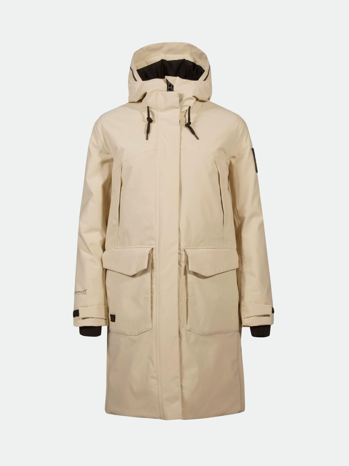 Halti Bergga DX Talvitakki Naisten on DrymaxX All Weather -materiaalista valmistettu beige talviparka, jossa on läppätaskut ja musta reunus.