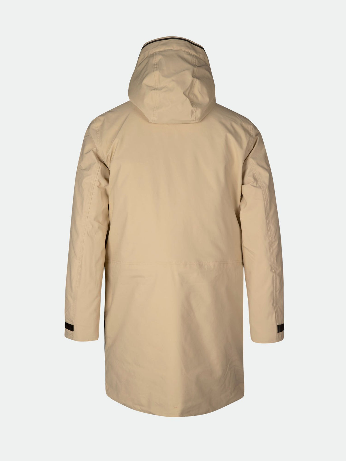 Halti Bergga DX Talvitakki Miesten beige, kuvassa selkäpuolelta, pitkät hihat ja mustat mansettikoristeet.