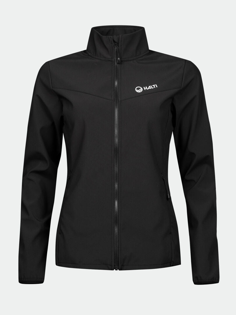 Halti Wedge Softshell-takki Naisten on musta vetoketjullinen korkea kaulus ja tuulenpitävä design, logo rinnassa.
