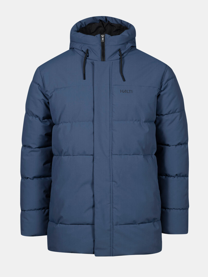 Halti Sammal Topattu Parkatakki Miesten on sininen, hupullinen puskuri, jossa on DrymaxX ja Microtherm Thermofill.