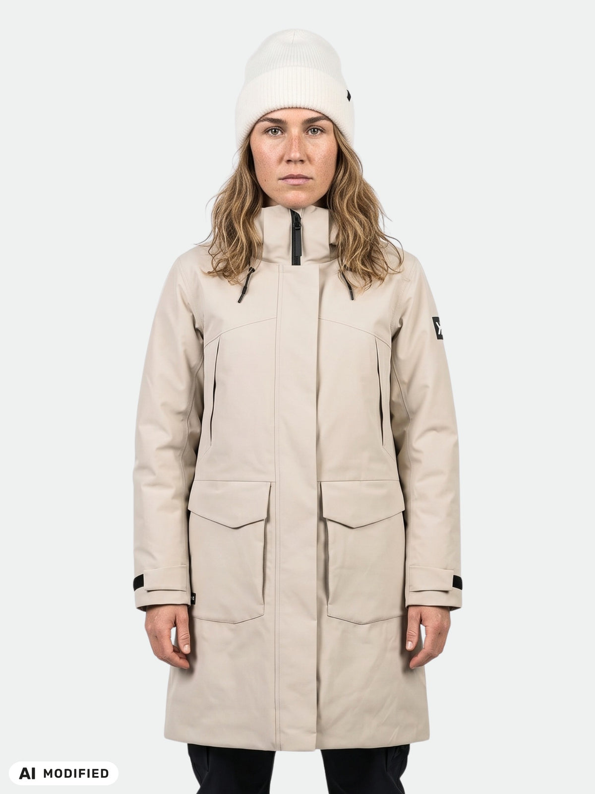 Henkilö, jolla on yllään beige Halti Kallio DX Parka Naisten -takki ja valkoinen pipo.
