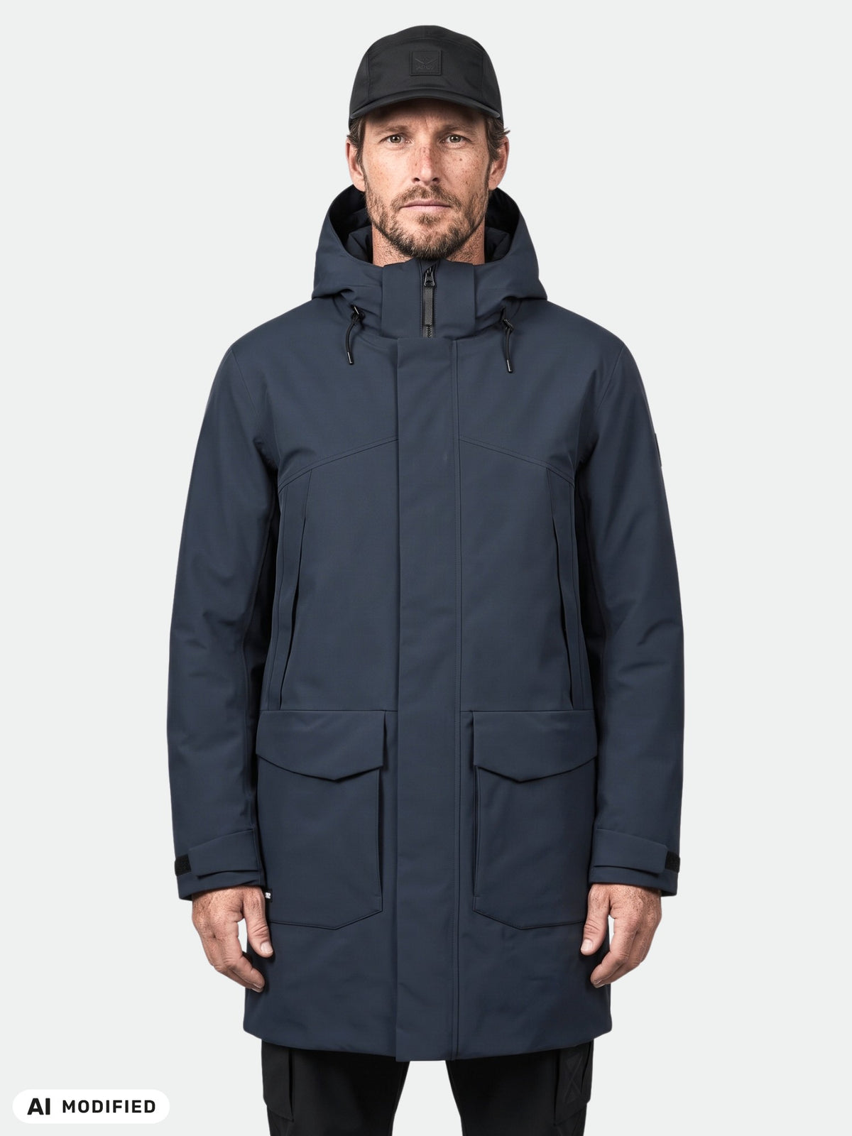 Mies, jolla on yllään tummansininen Halti Kallio DX Parka Miesten -takki, jossa on etutaskut läpällä, sekä musta lippalakki.