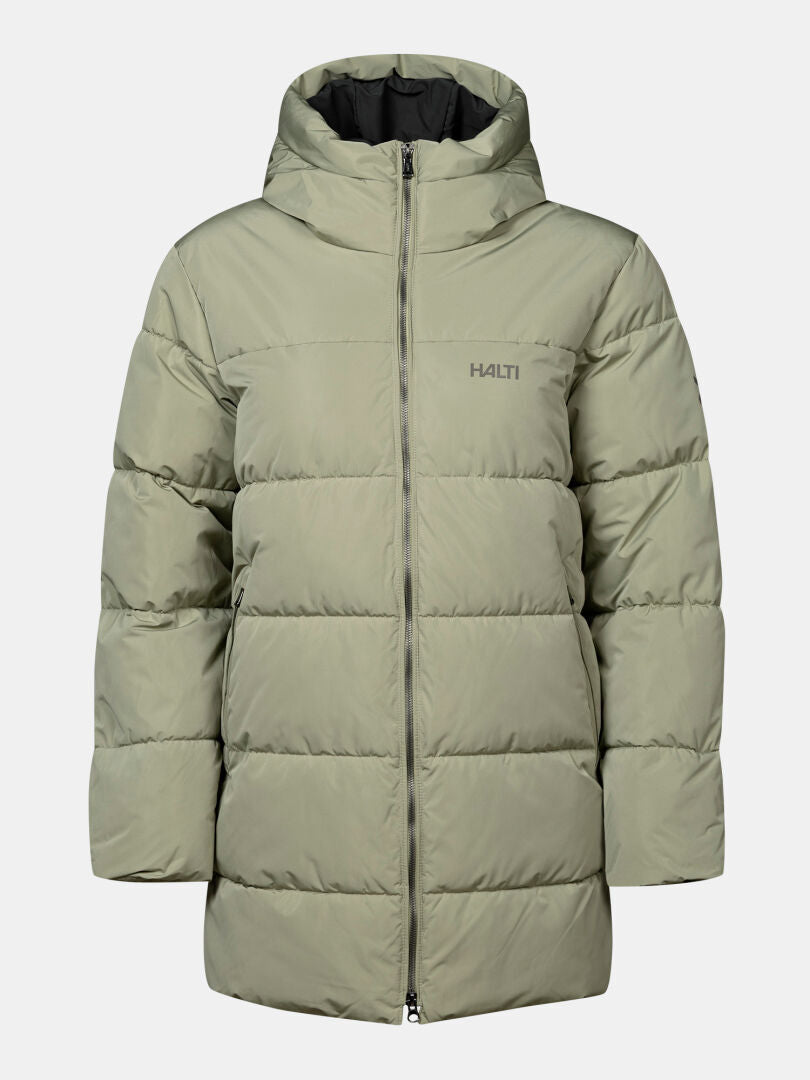 Halti Leinikko Puffer Parka Naisten Plus: vaaleanvihreä, hupullinen, edessä vetoketju, logo ja lämmin Microtherm Thermofill -täyte.