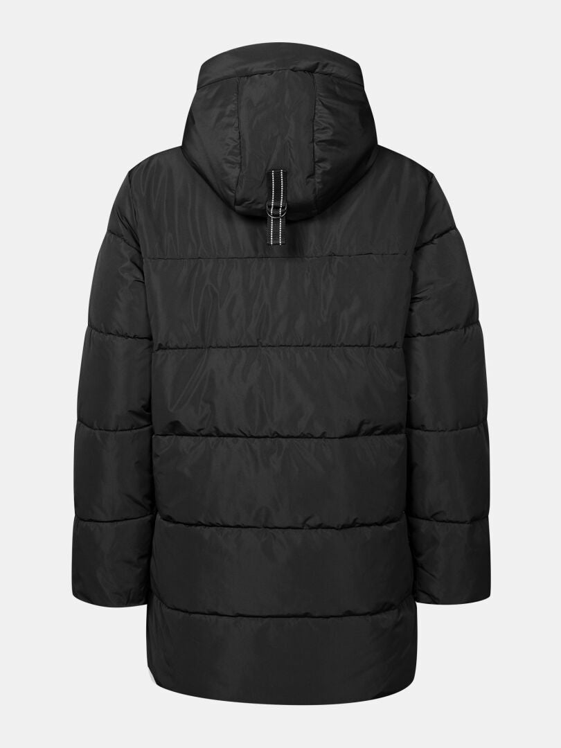 Halti Leinikko Puffer Parka Naisten Plus, musta, DrymaxX-materiaali, hupullinen, takanäkymä valkoisella taustalla.