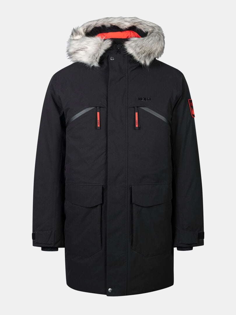 Halti 1976 Down Parka Unisex: vedenpitävä parka, turkisvuorinen huppu, punaiset yksityiskohdat, patch-logo.
