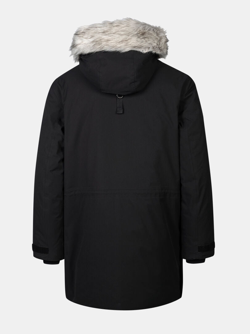Takakuva Halti 1976 Down Parka Unisex, jossa on vaaleanharmaa tekoturkis huppu, kuvattuna tavallisella pohjalla.
