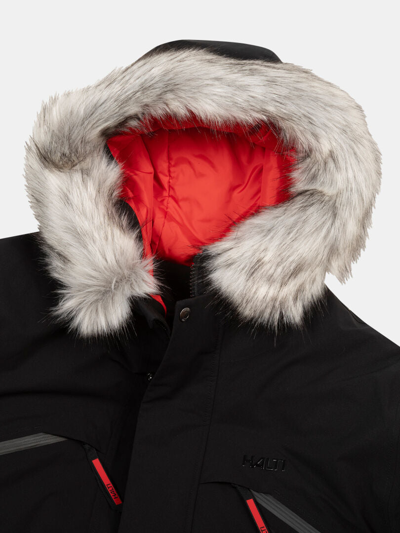 Lähikuva Halti 1976 Down Parka Unisex-vedenpitävä, tekoturkis huppu ja kirkkaan punainen vuori lämmittää.
