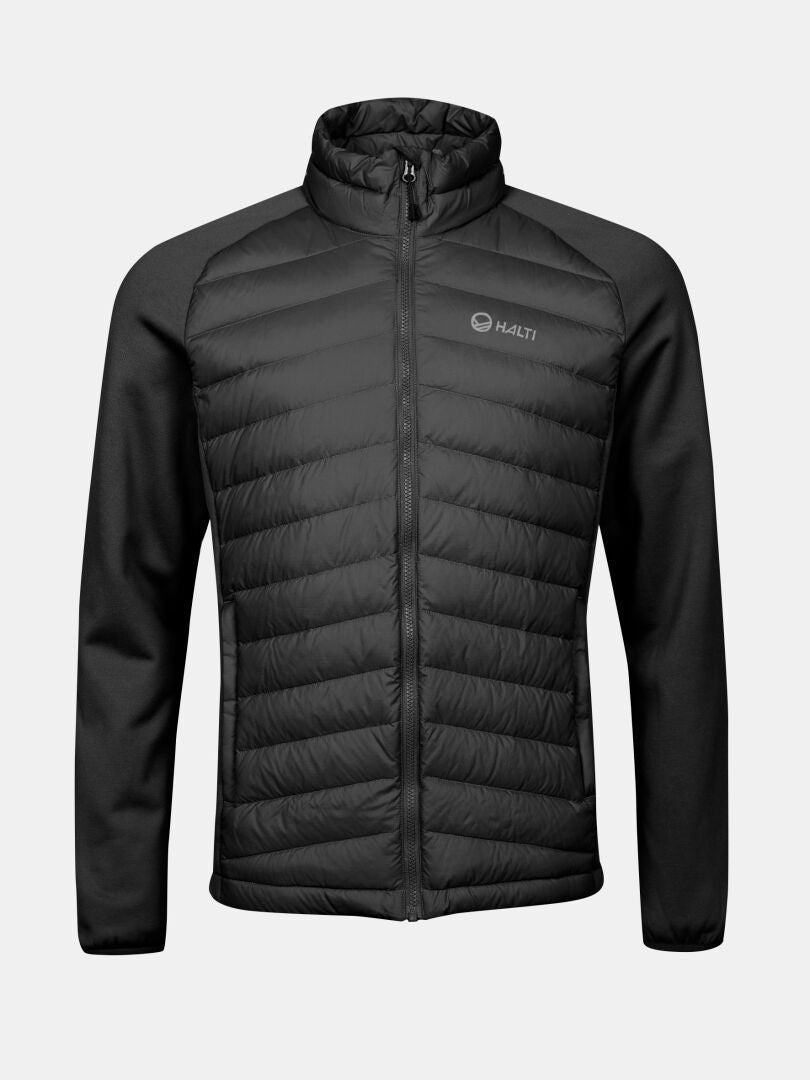 Halti Huippu Hybrid Untuvatakki Miesten: musta Pertex Quantum vetoketjutakki, jossa on tikattu etuosa ja logo rinnassa.