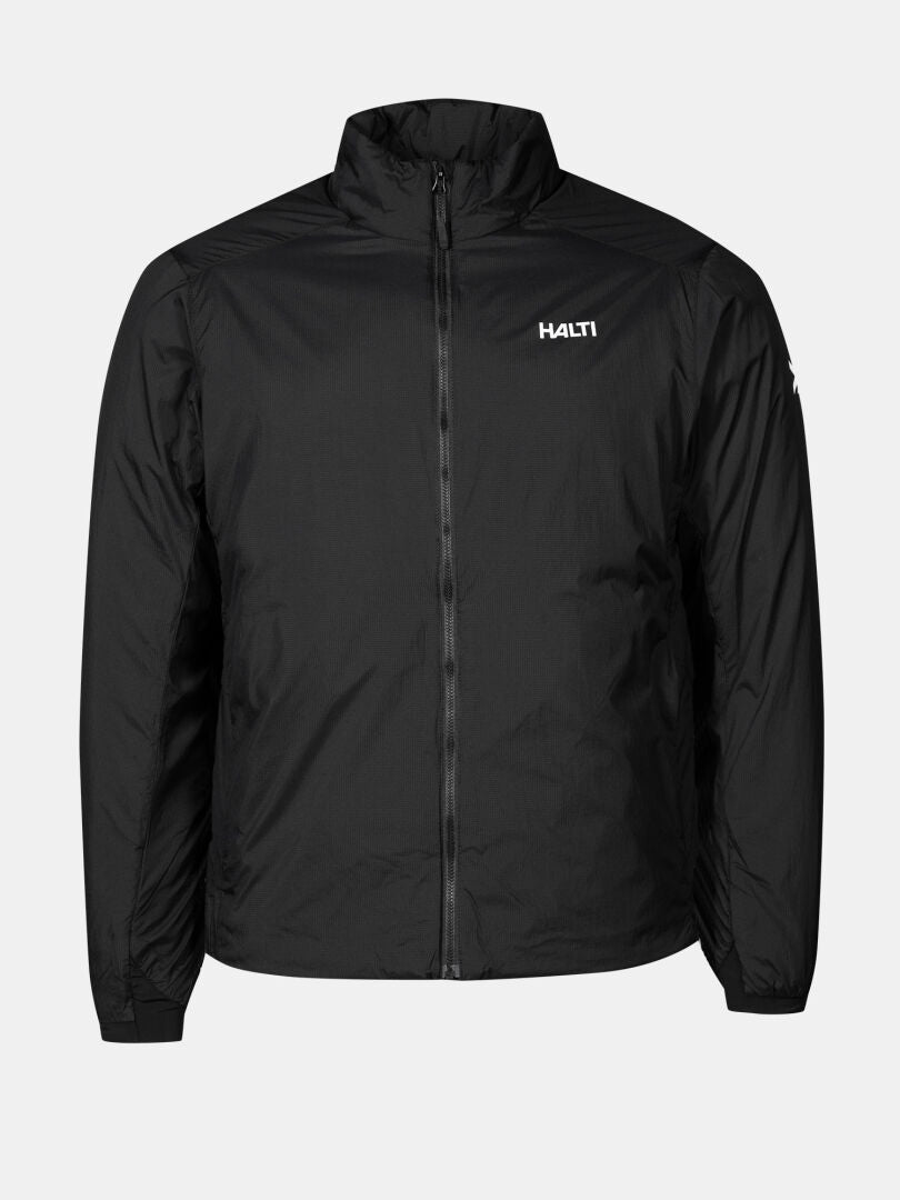 Haave Primaloft Takki Miesten by Halti on musta, pitkähihainen takki, jossa on pystykaulus ja logo rinnassa.