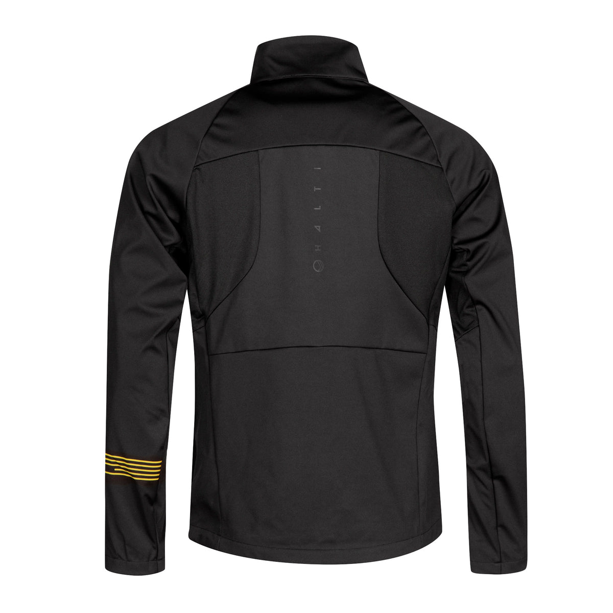 Halti Vinha Hybrid Hiihtotakki Miesten takaa kuvattuna keltaisilla raidoilla, valmistettu Stormwall® materiaalista.