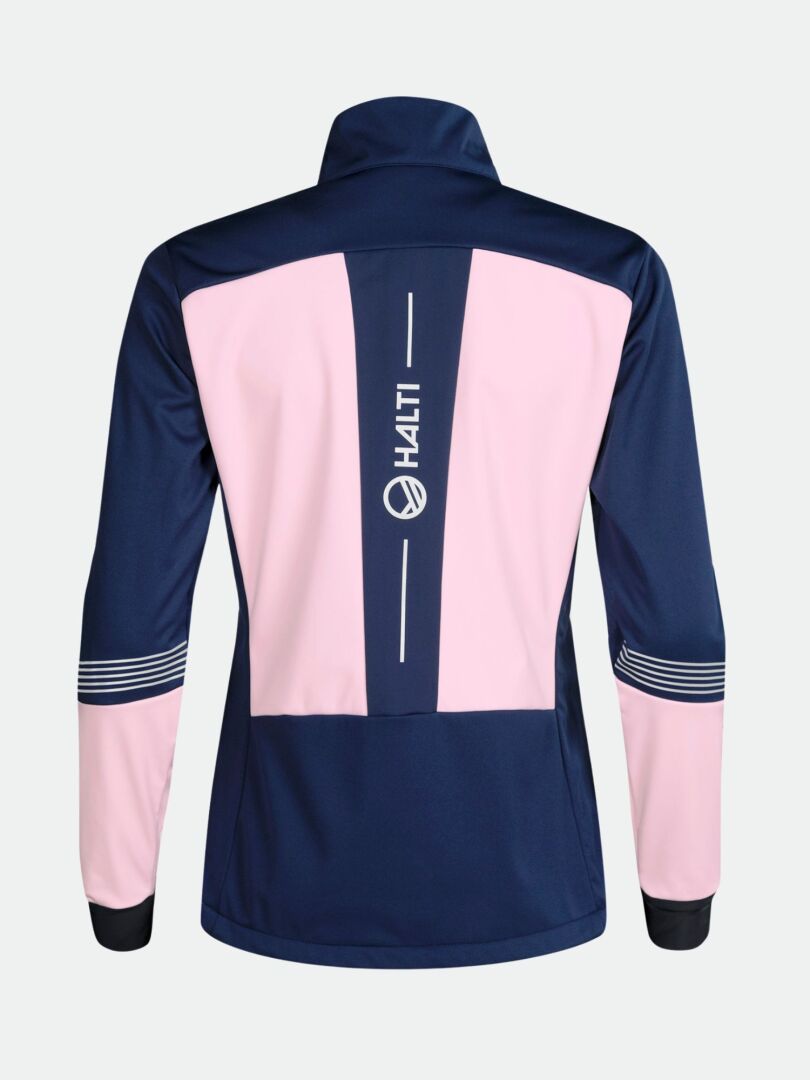 Halti Siide Hiihtopuku Naisten on tummansininen ja vaaleanpunainen stretch-takki, jossa on pitkät hihat ja logo selässä.