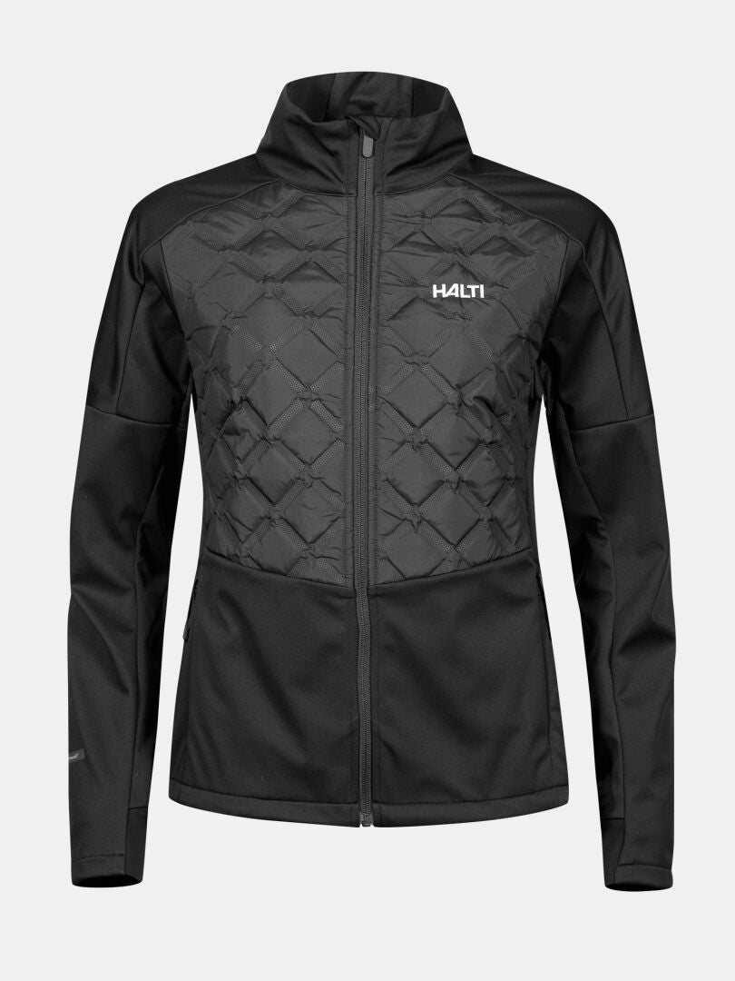 Halti Framover Hybrid Hiihtotakki Naisten: musta vetoketjullinen, Stormwall softshell, tikattu etuosa, korkea kaulus, logo rinnassa.