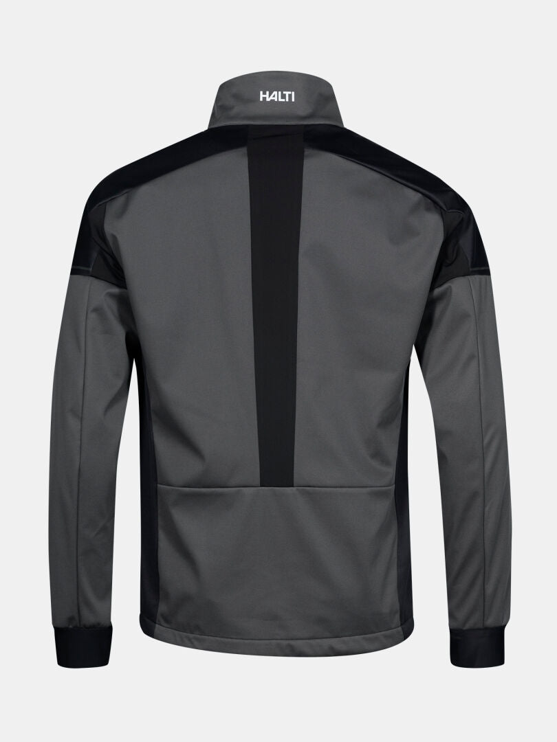 Halti Huuru Maastohiihtopuku Miesten: harmaa ja musta softshell-takki, pitkät hihat, musta raita, logo selän yläosassa.