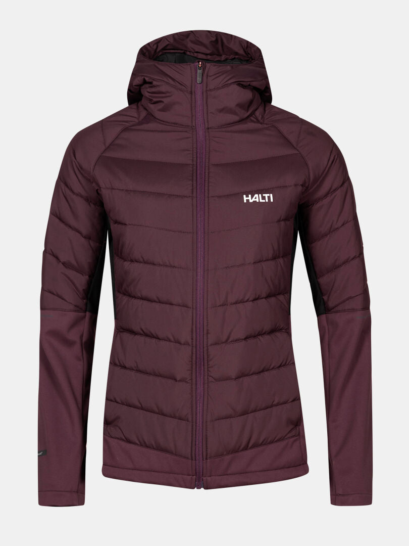 Marooninpunainen Halti Hanki 2 Hybrid Hiihtotakki Plus hupulla, etuvetoketjulla ja logolla, valmistettu kierrätysmateriaalista.