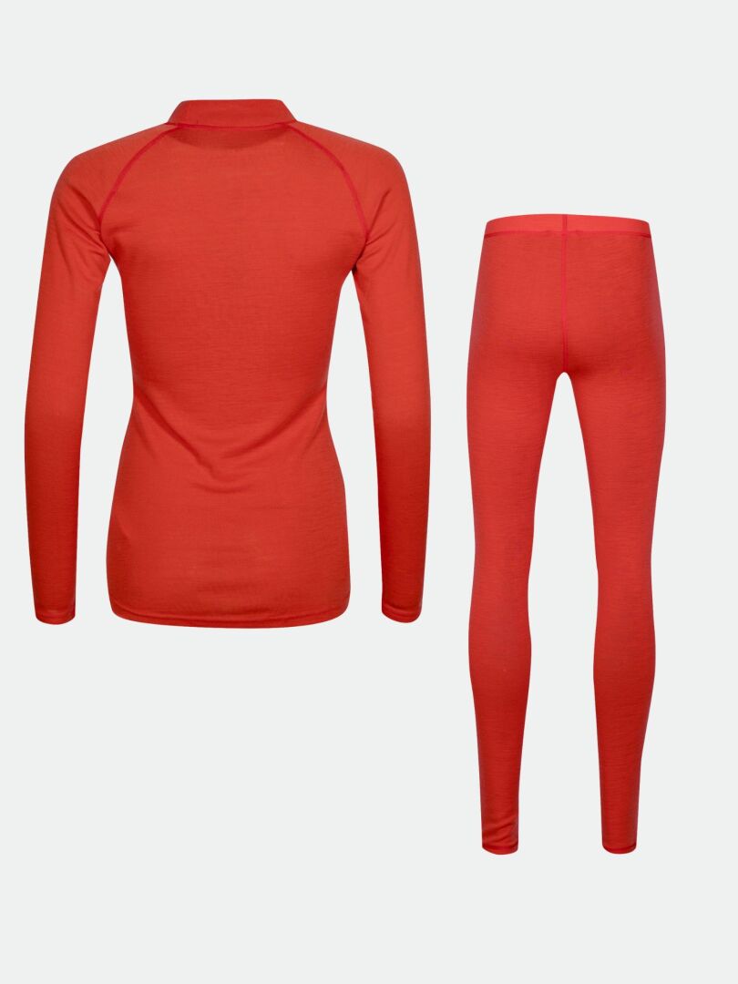 Punaisen Halti Neva Merino Kerrasto Naisten -aluspaidan ja siihen sopivien legginssien takanäkymä.