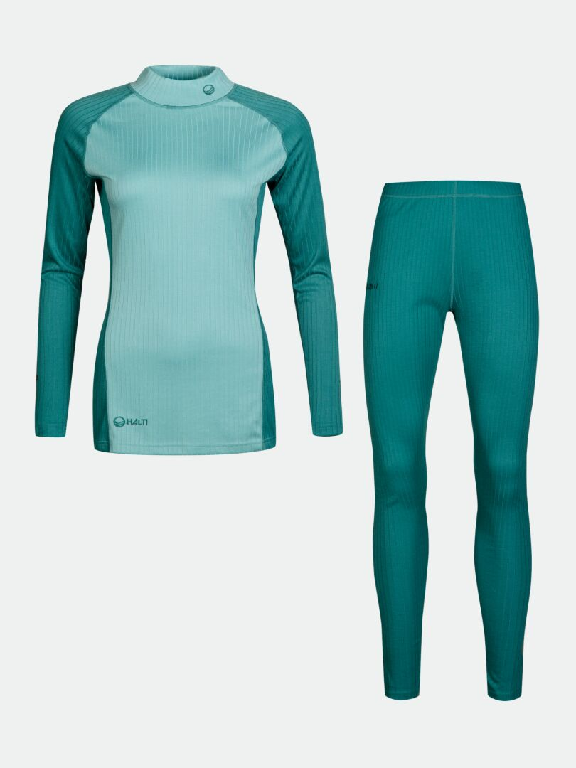 Halti Dual Kerrasto Naisten: teal & light blue thermal top and leggings set on plain background.