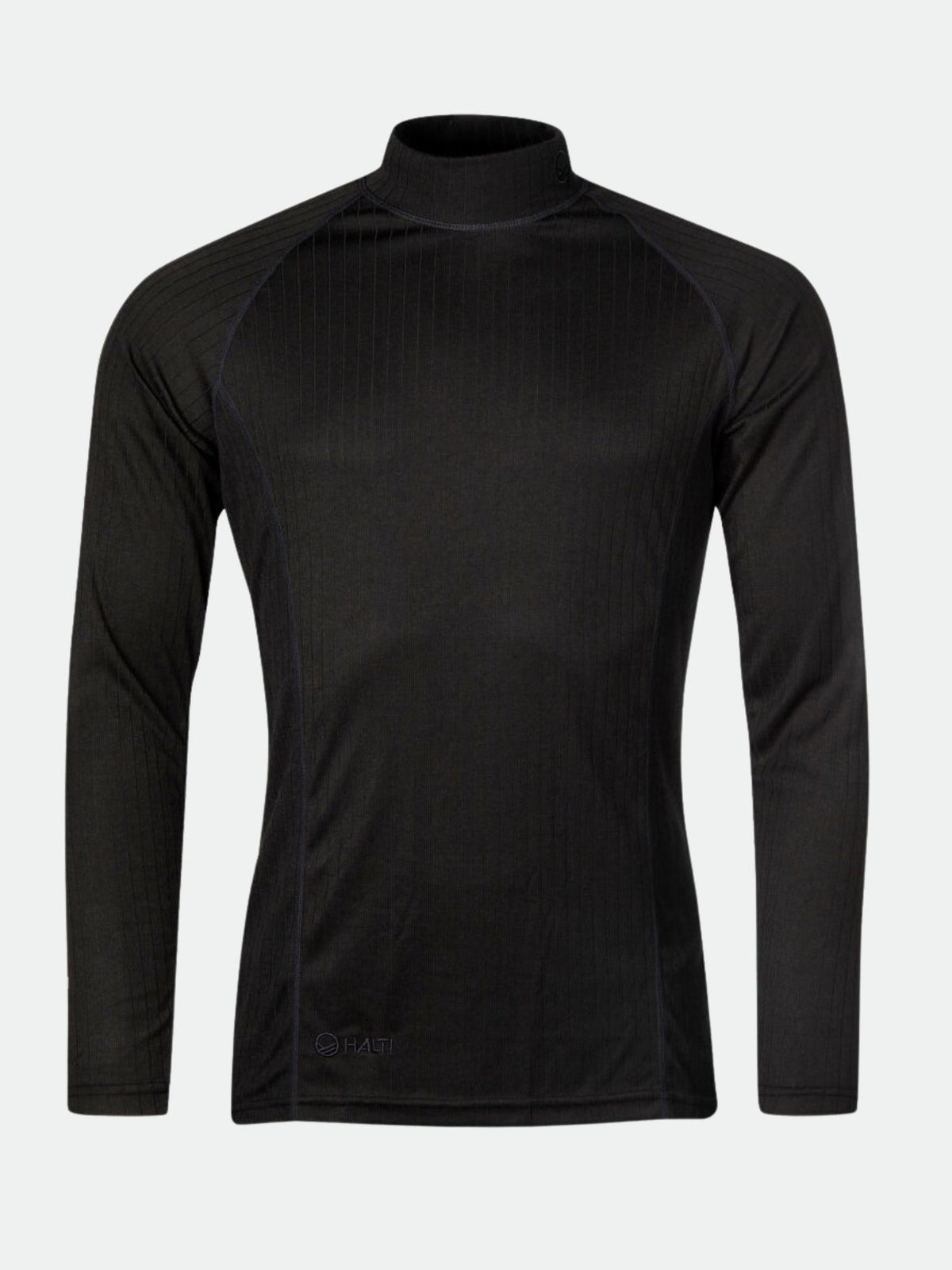 Halti Dual Kerrasto Miesten on musta, istuva pitkähihainen turtleneck, joka on valmistettu kierrätetystä polyesteristä ulkokäyttöön.