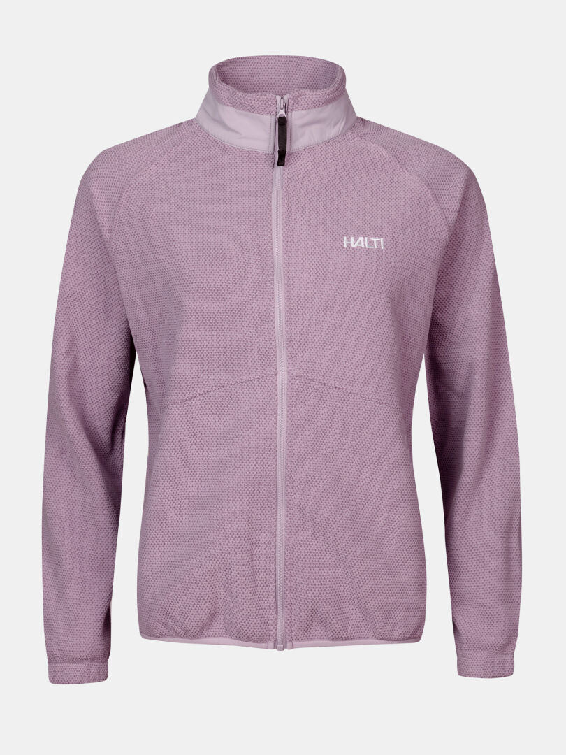 Vaalean violetti Halti Soolo Välitakki Naisten vetoketjullinen takki, jossa pitkät hihat, korkea kaulus ja logo vasemmassa rinnassa.