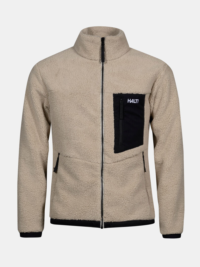Halti Lumista Polar Fleecetakki Miesten on beige fleecetakki, jossa on musta reunus ja logotasku - ihanteellinen retkeilyyn.