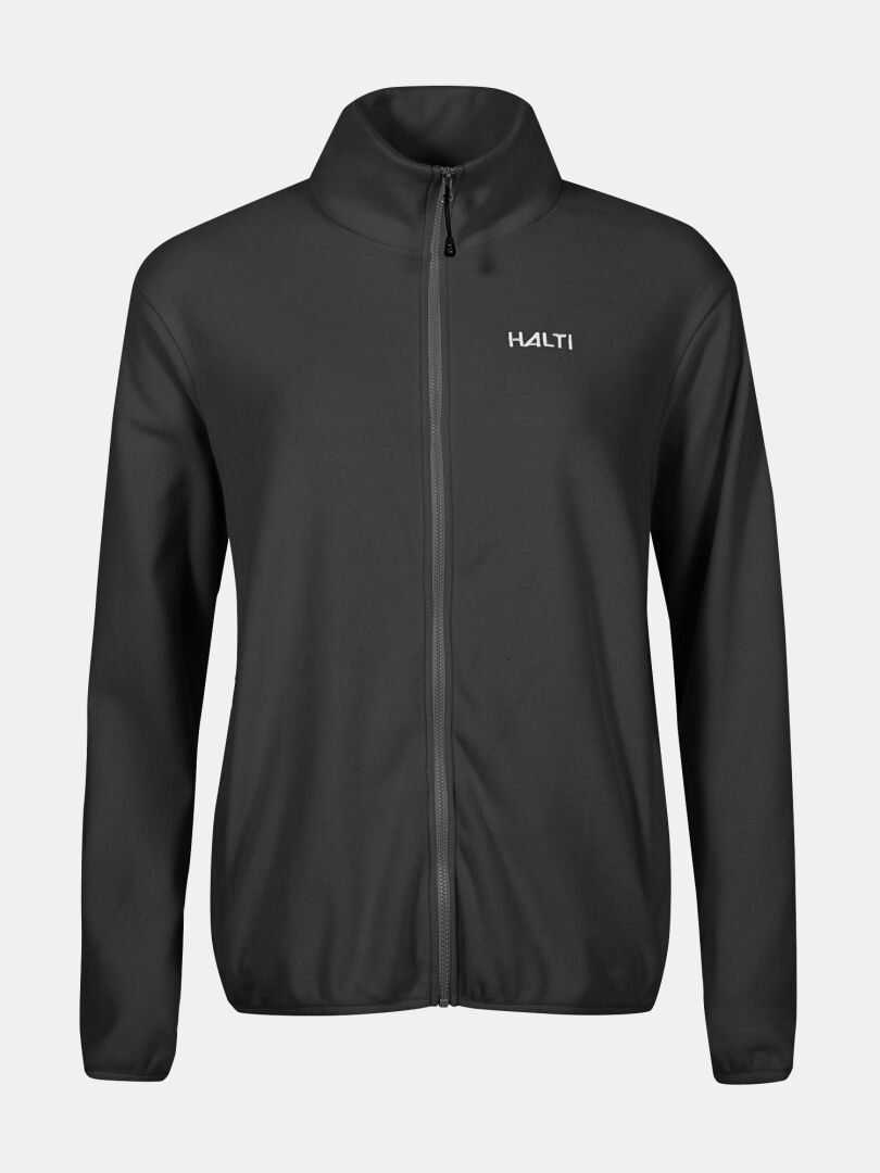 Halti Rockmoon Fleecetakki Naisten Plus on musta fleece korkealla kauluksella ja logolla, ihanteellinen ulkoiluvaatteet.