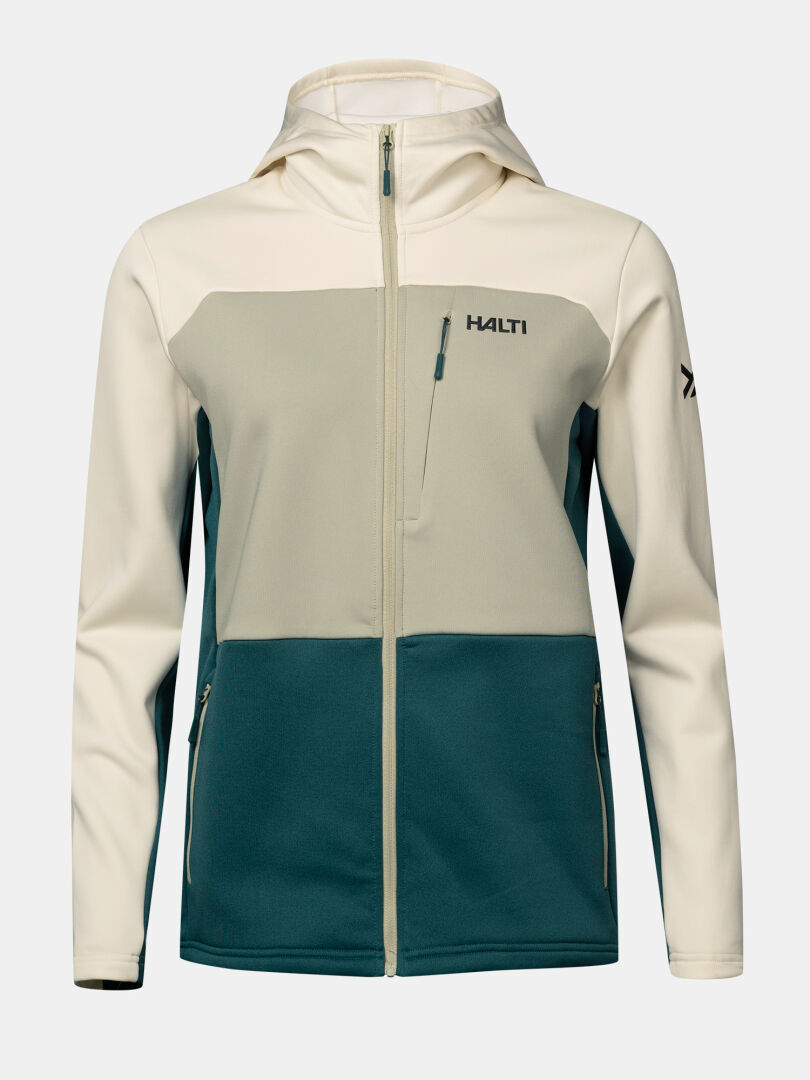 Halti Seiland Välitakki Naisten: värilohkoinen hupullinen softshell-takki, jossa on edessä vetoketju, rintatasku ja joustava fleece.