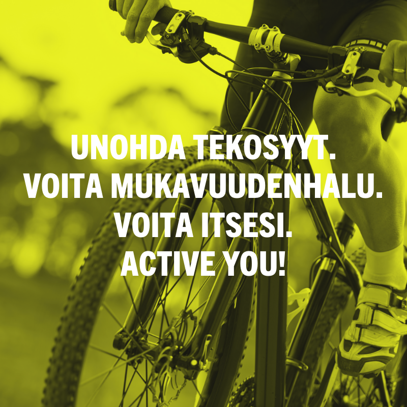 Henkilö ajaa polkupyörällä ulkona, motivoiva suomenkielinen teksti keltaisella pohjalla.