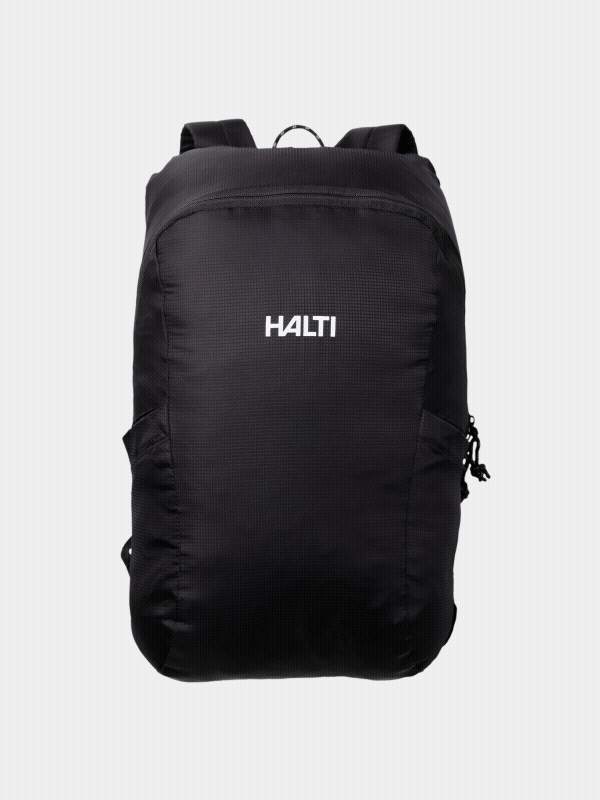 Musta Halti Streetpack Reppu, jossa on vetoketjullinen etuosa, sivutaskut ja valkoinen Halti-logo edessä.