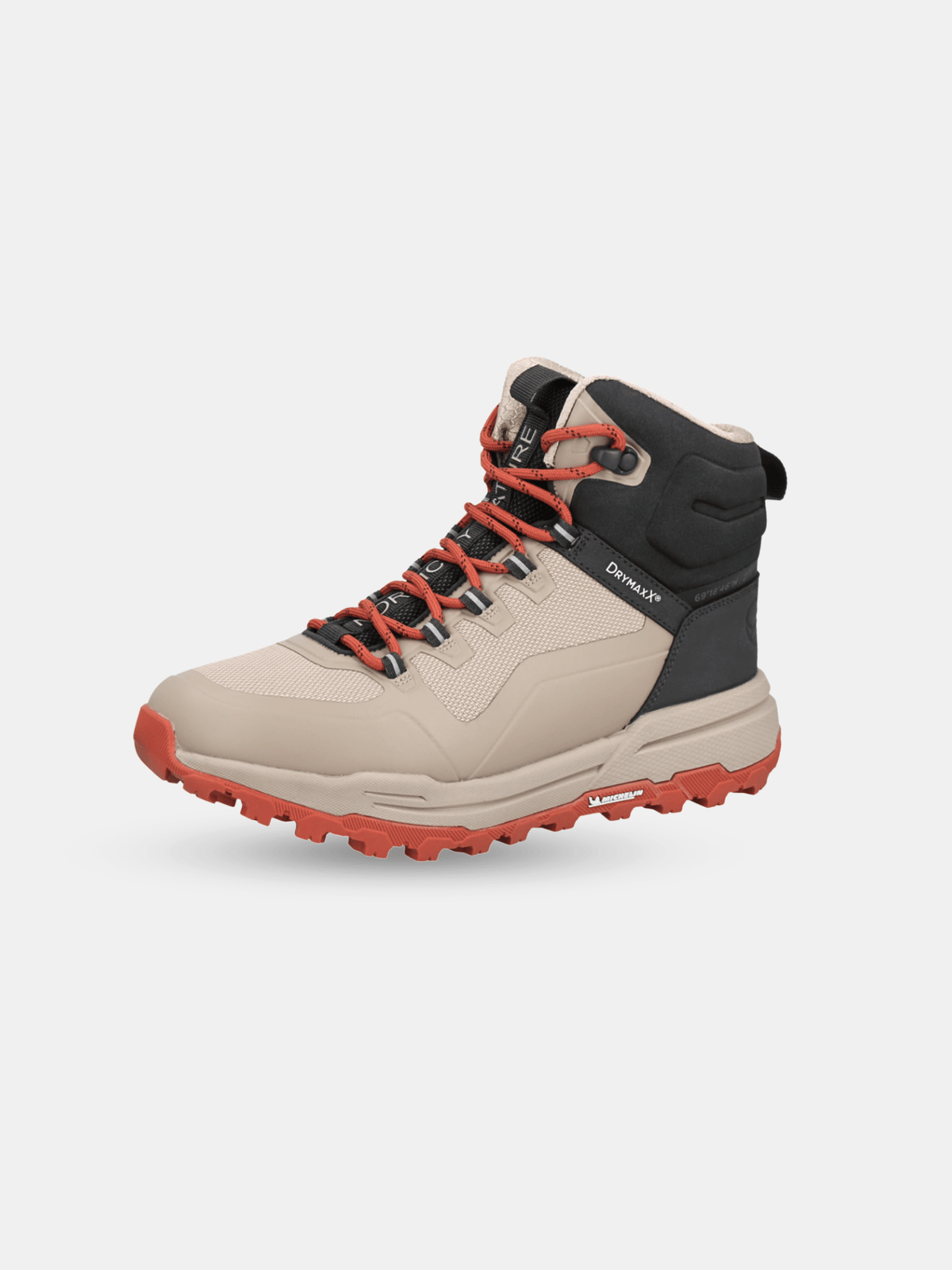 Halti Hiker Kuru DX Ulkoilukenkä Naisten saapas beige/mustana, punaisilla nauhoilla ja rosoisella punaisella pohjalla valkoisella taustalla.