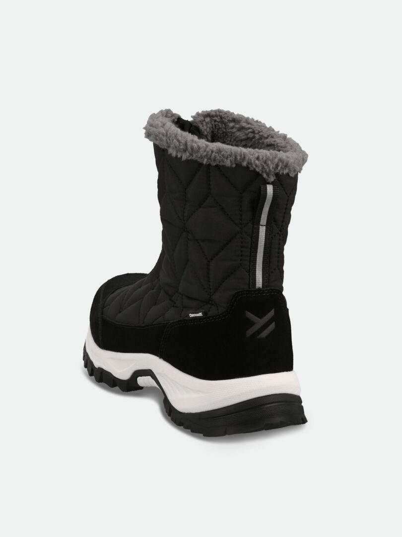 Halti Sletta Zip DX Talvikenkä Naisten musta saappas, jossa on harmaa tekoturkis, tikattu kuvio ja valkoinen pohja, takakatsomo.